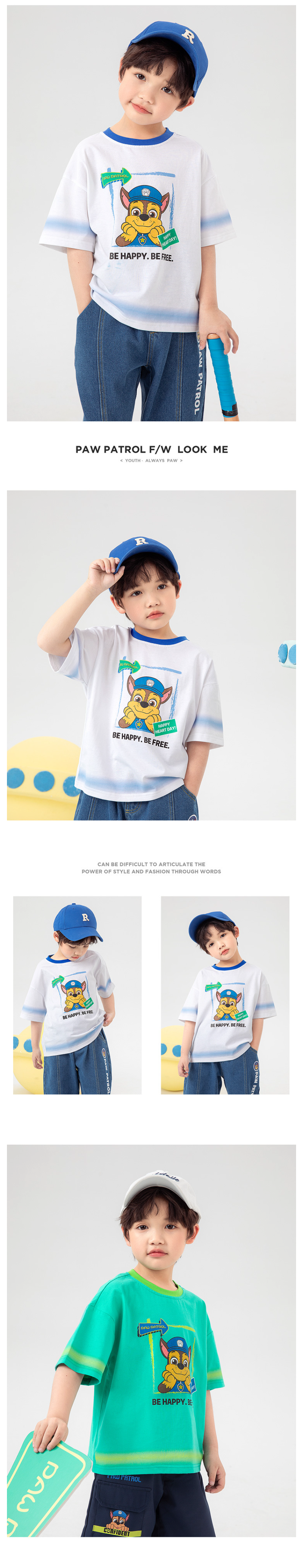 汪汪隊漫畫風圓領短袖上衣-卡通人物阿奇+毛毛-白+藍