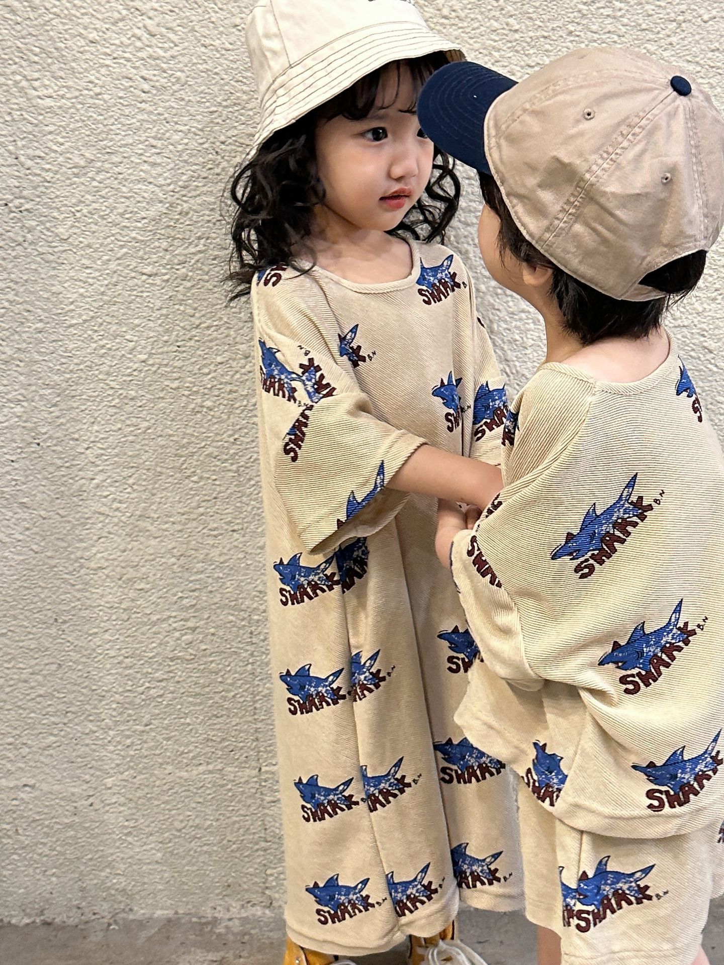 棉質圓領七分袖連身裙-鯊魚-卡其色