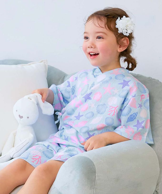 日本 devirock - 夏日風情涼爽紋理甚平套裝-麻葉紋-淺灰