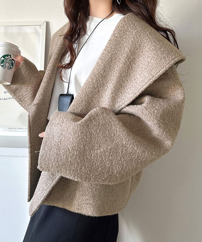 日本 Classical Elf - 注目大翻領優雅毛呢感大衣外套-淺摩卡