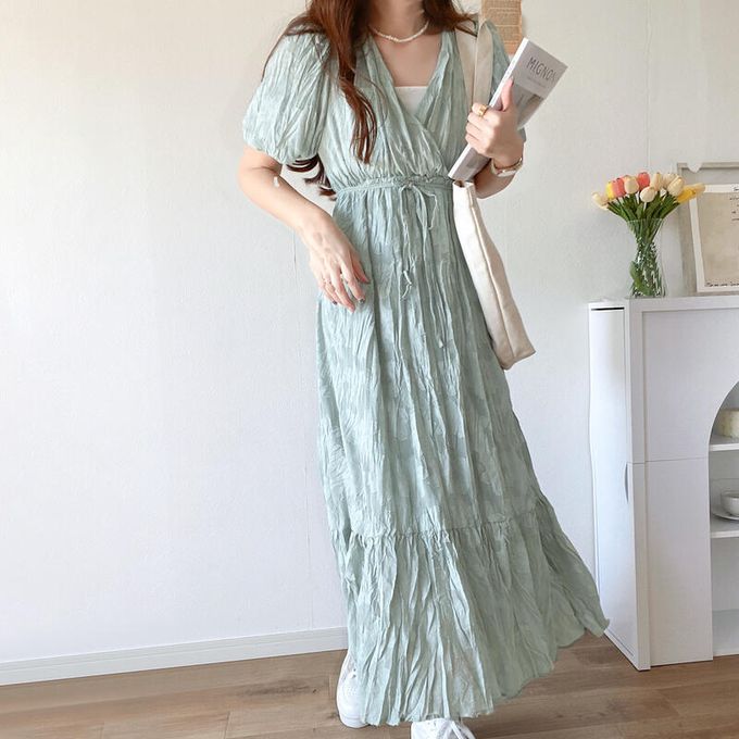 日本 Classical Elf - 透膚露背花卉皺摺深V泡泡袖洋裝-摩卡棕