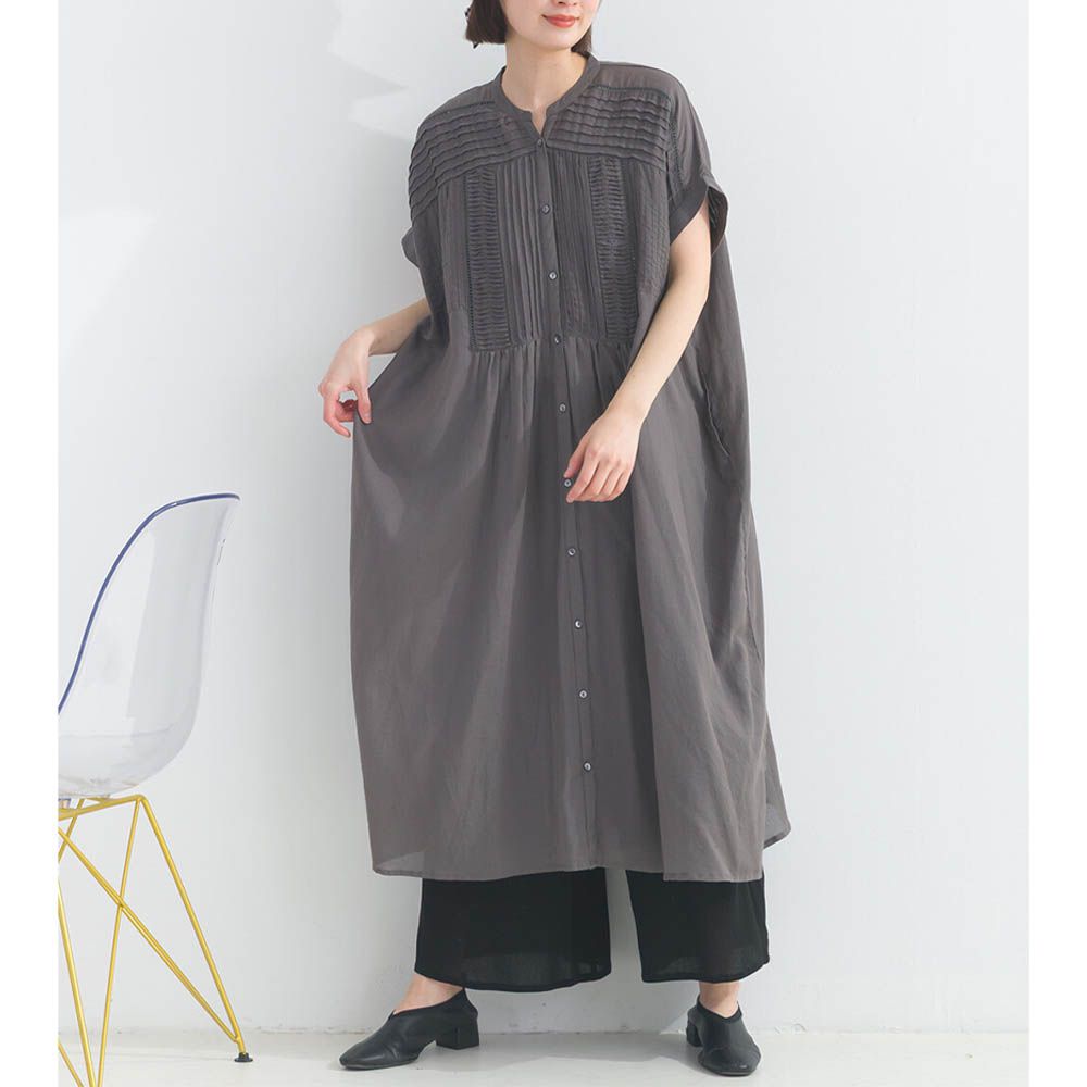 100%棉 迷人皺摺襯衫式短袖洋裝-炭灰