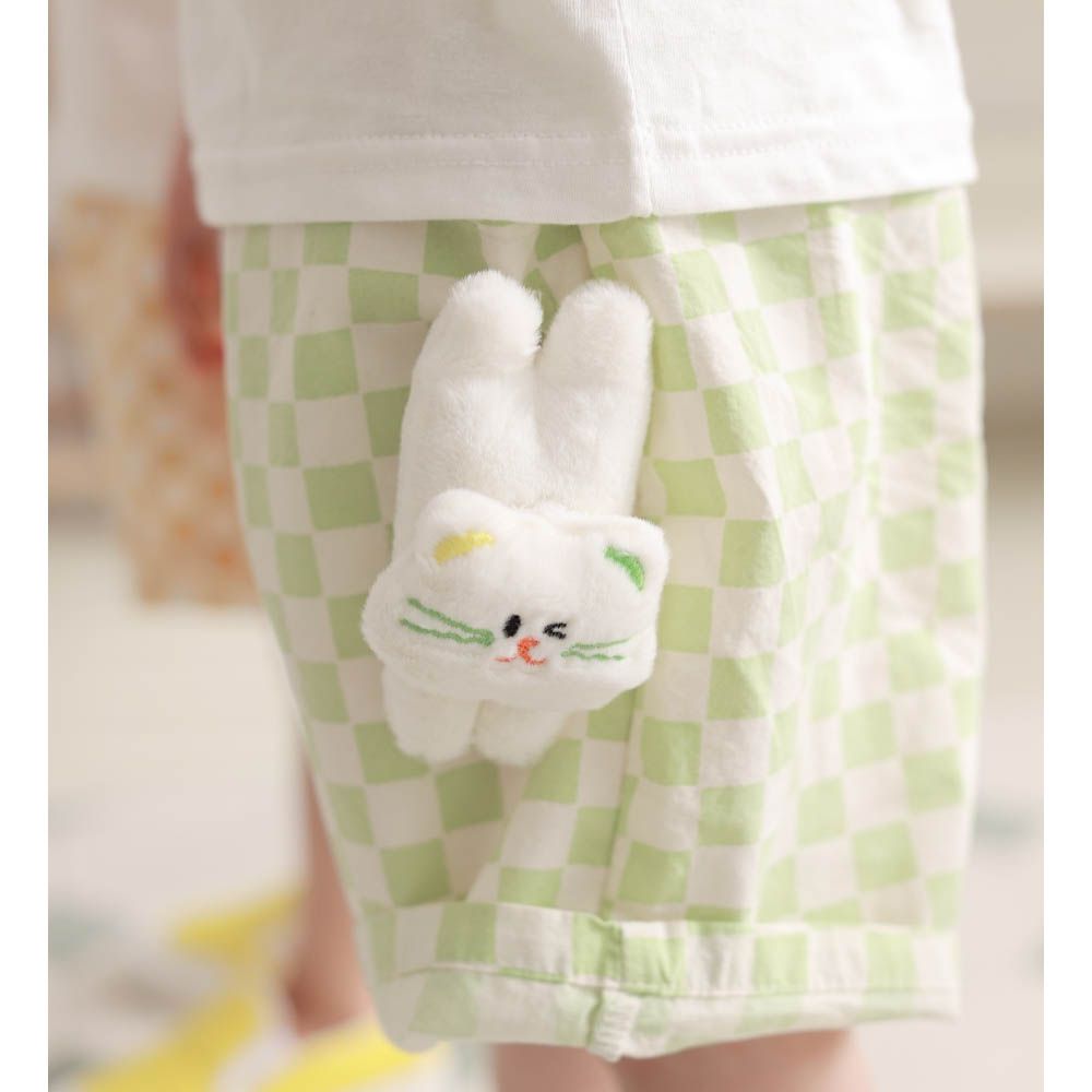 (附貓咪裝飾)鬆緊腰格紋短褲-豆綠