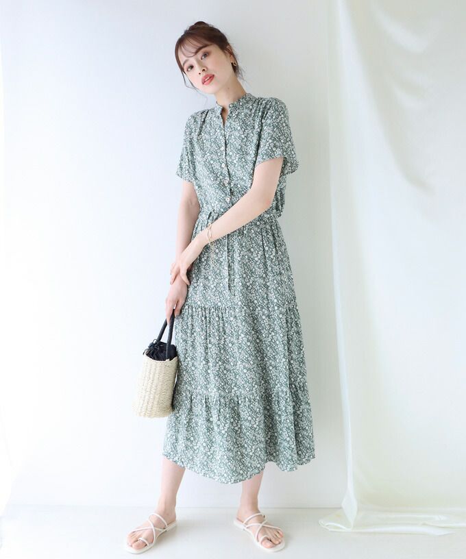 日本 BLUE EAST - 氣質小V領排釦短袖洋裝-素色-綠 (M(Free))