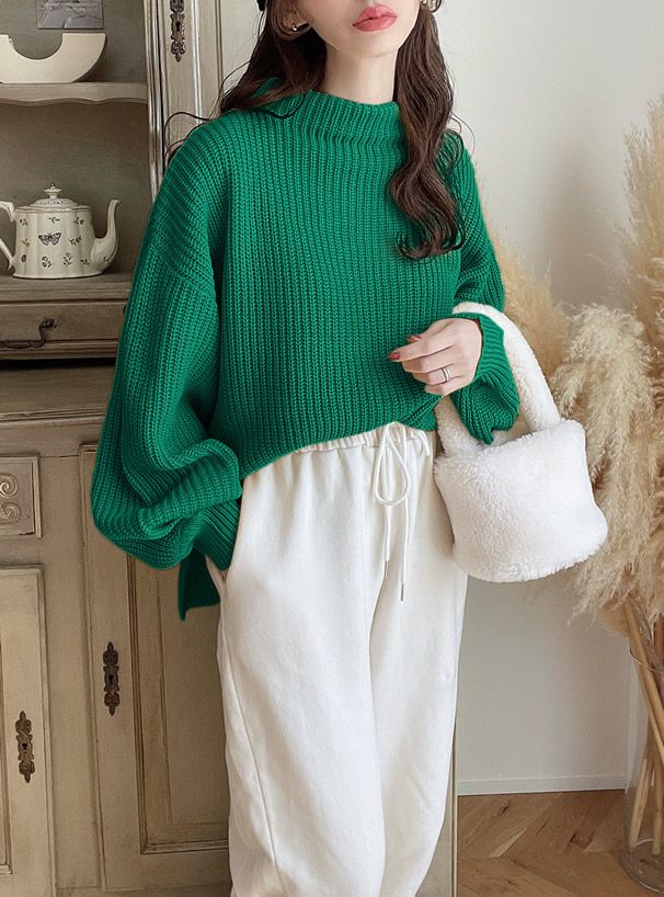 日本 GRL - 優雅酒瓶領澎澎袖針織毛衣-咖啡 (F)