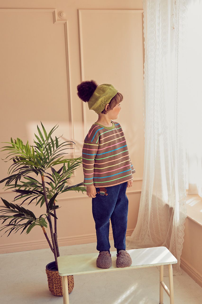 韓國 Mimico - (裏起毛)刺繡打鼓熊條紋T-棕