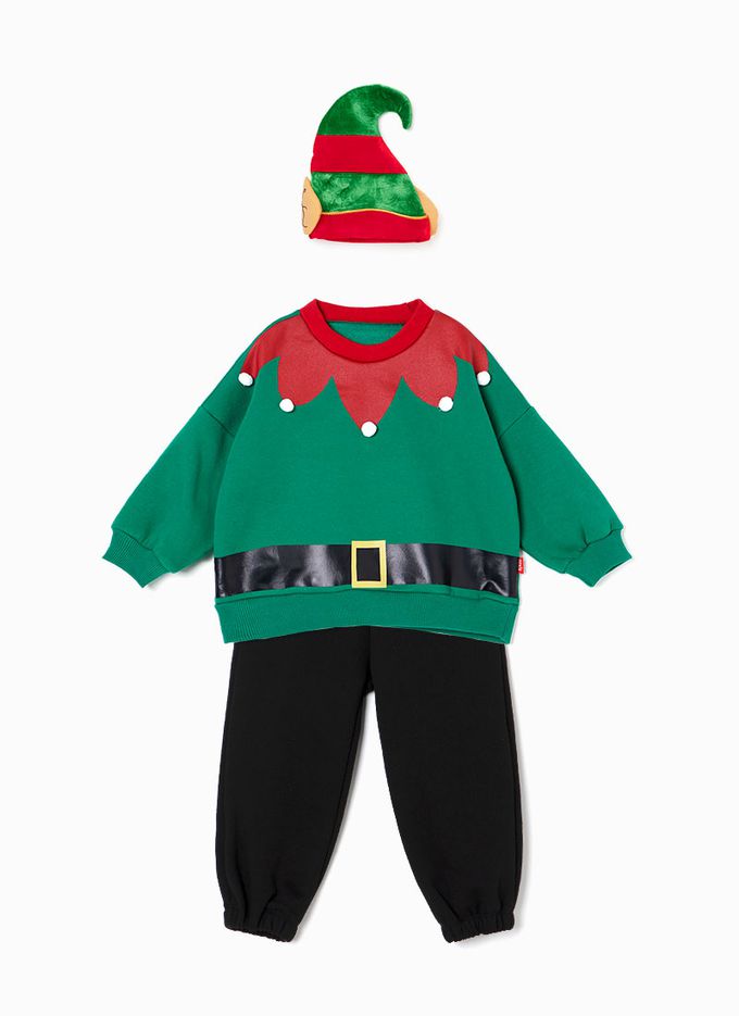 韓國 OZKIZ - (附尖帽)(內刷毛)聖誕男精靈長袖套裝