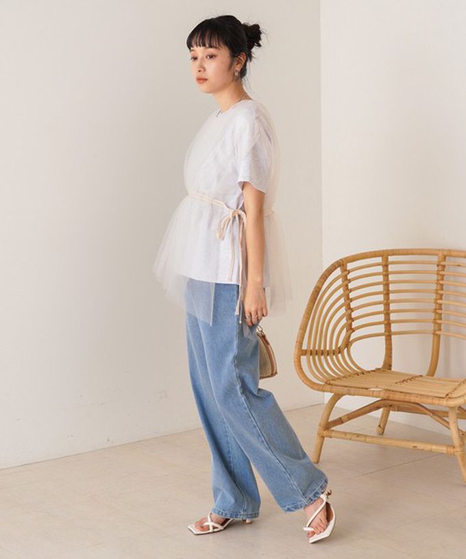 日本 Bab - 仙氣皺摺薄紗 腰綁帶短袖上衣-象牙黃