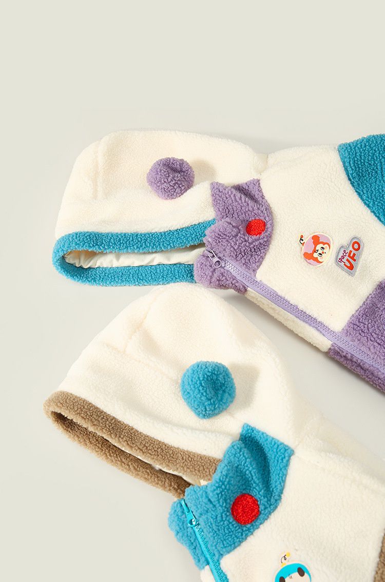 立體造型撞色羊羔絨連帽外套-UFO專員-藍色