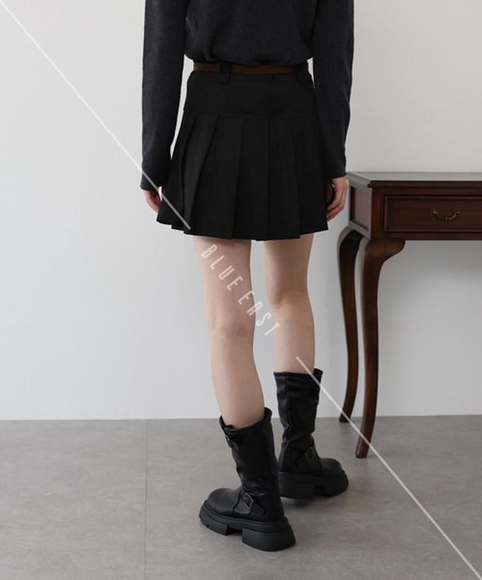 日本 BLUE EAST - 時髦麂皮百褶迷你短裙(附皮帶)-咖啡