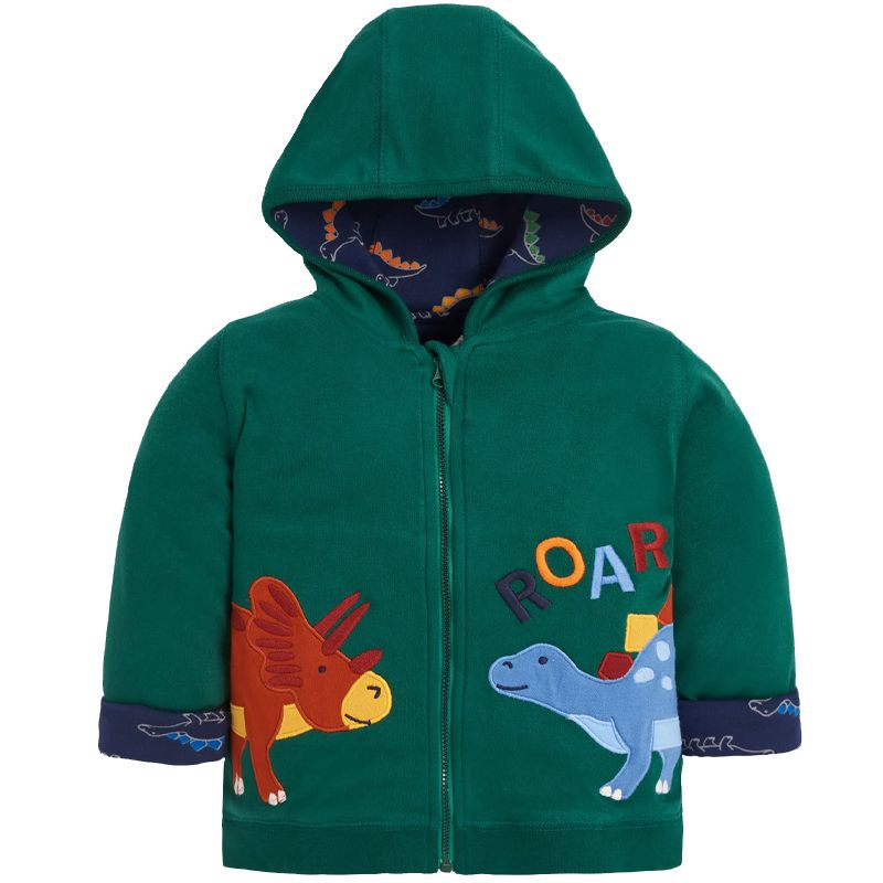 英國 JoJo Maman BeBe - 雙面穿100%純棉保暖連帽外套-淘氣恐龍