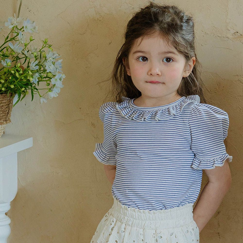 荷葉領點綴條紋公主袖上衣-深藍