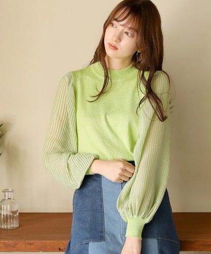 日本 Bou Jeloud - 異材質拼接百摺長袖上衣-萊姆黃