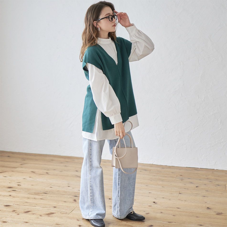 日本 Rejoule - 落肩修身V領針織背心-祖母綠