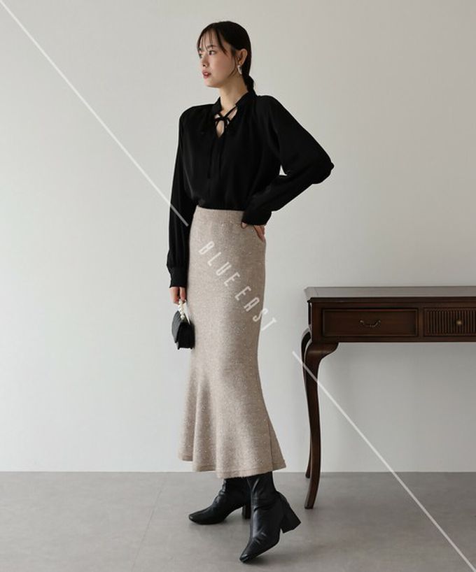 日本 BLUE EAST - 閃耀亮片針織美型魚尾裙-黑