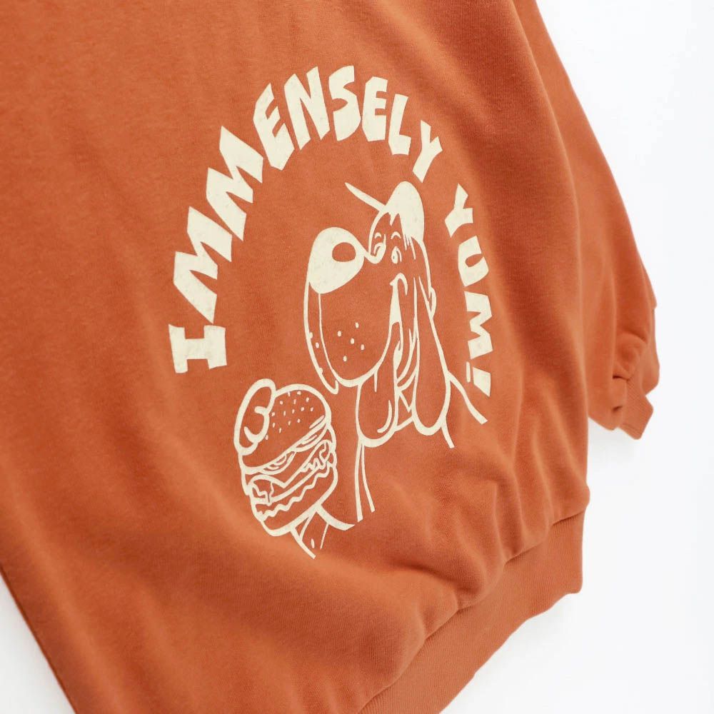 百搭印花縮口長袖上衣-狗狗吃漢堡-橘棕