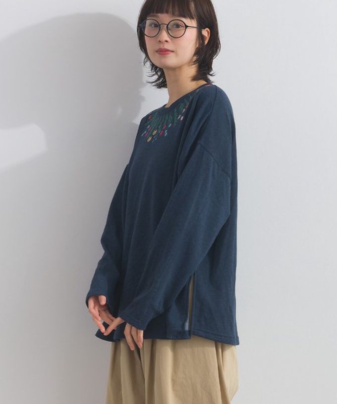 日本 Lupilien - 彩色刺繡花卉領裏毛長袖上衣-炭灰