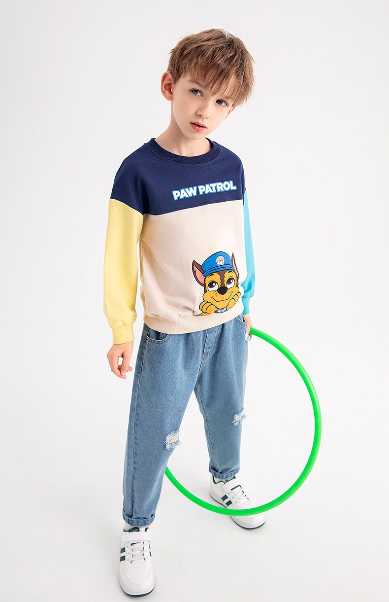 卡通汪汪隊純棉圓領拼接長袖上衣-卡通人物阿奇-紅+綠+杏