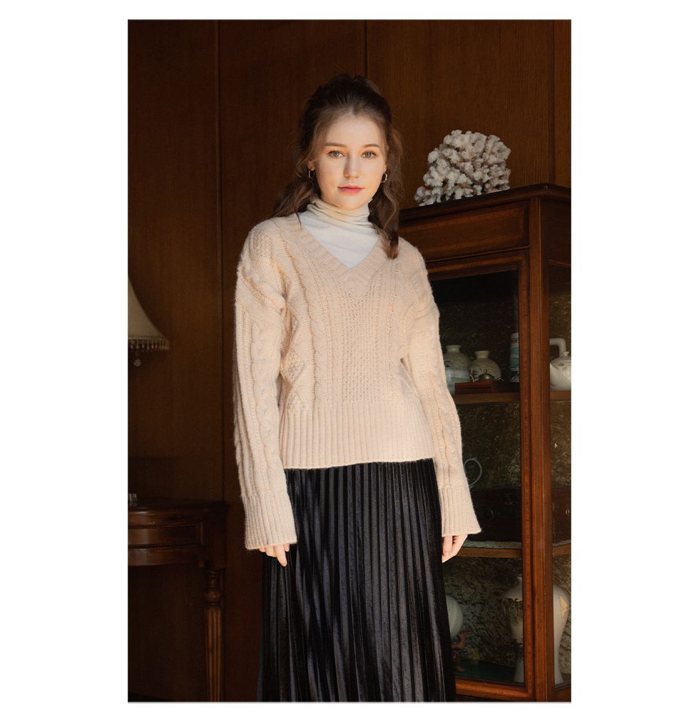 韓國 SOUP - V字紋路針織毛線衣-淺灰 (Free)