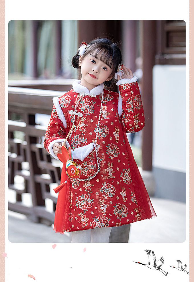 love, charlotte - 拜年旗袍領卡通兔繡花圖騰洋裝-加厚鋪棉-紅色