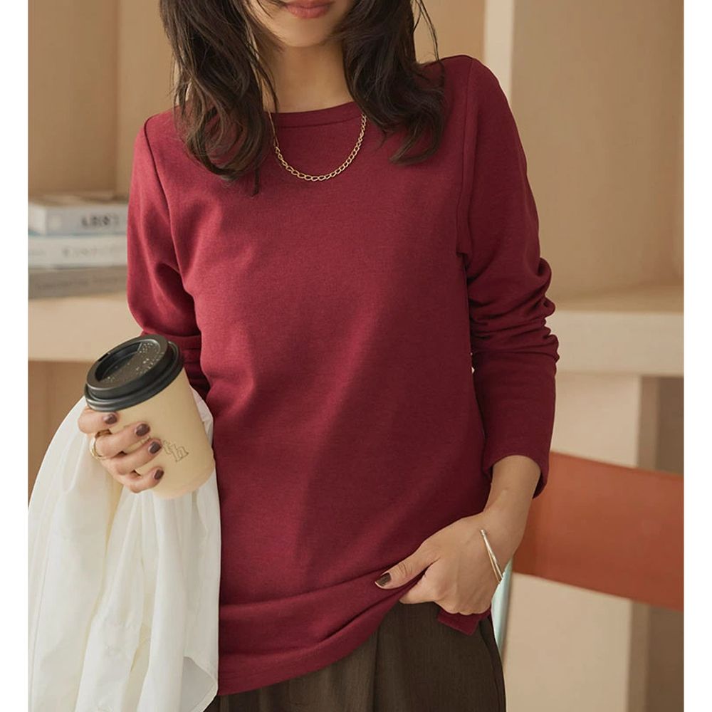 吸濕發熱簡約保暖長袖上衣-酒紅