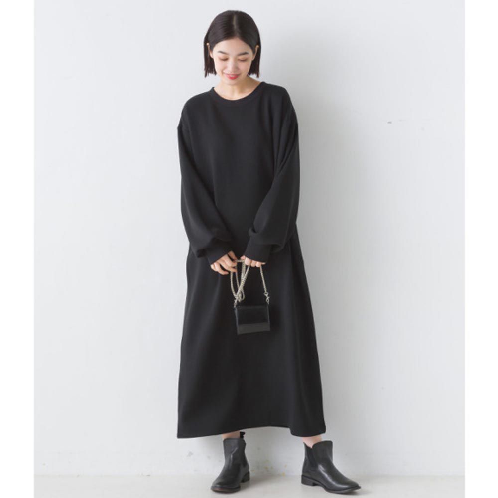 日本 OMNES - 定番素面柔軟針織寬袖洋裝-黑色