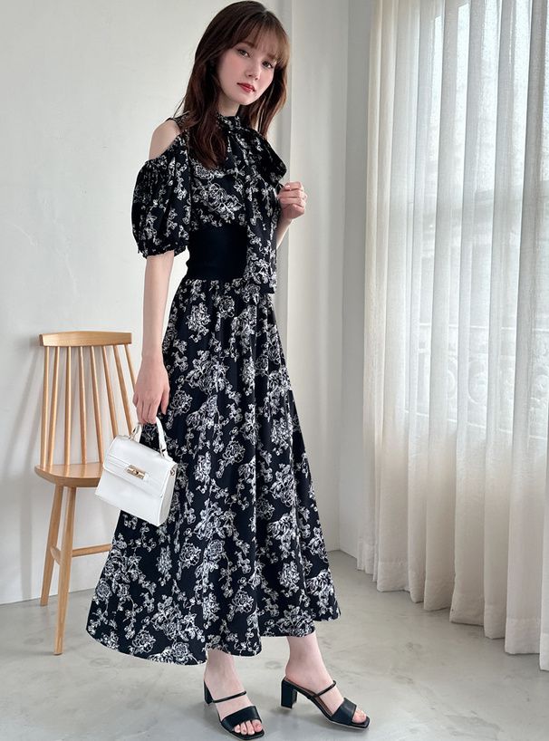 日本 GRL - 絕美氣質扭結收腰碎花洋裝-象牙杏