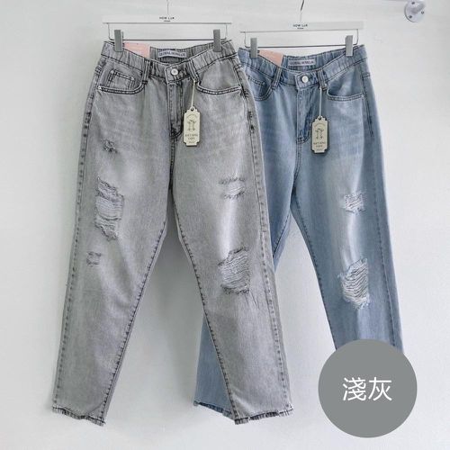 韓國女裝連線 - 彈性腰百搭刷破牛仔褲-淺灰