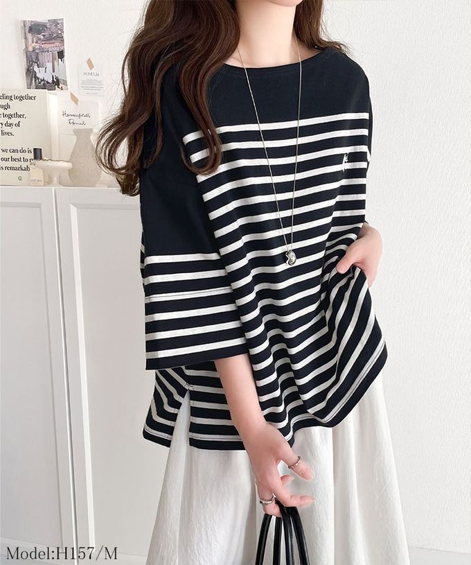 日本 Classical Elf - 混有機棉休閒條紋五分袖上衣-海軍藍x白線