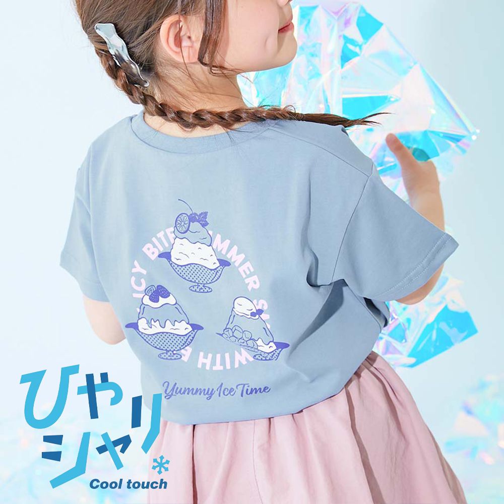 吸汗速乾涼感 女孩印花短袖上衣-刨冰-水霧藍