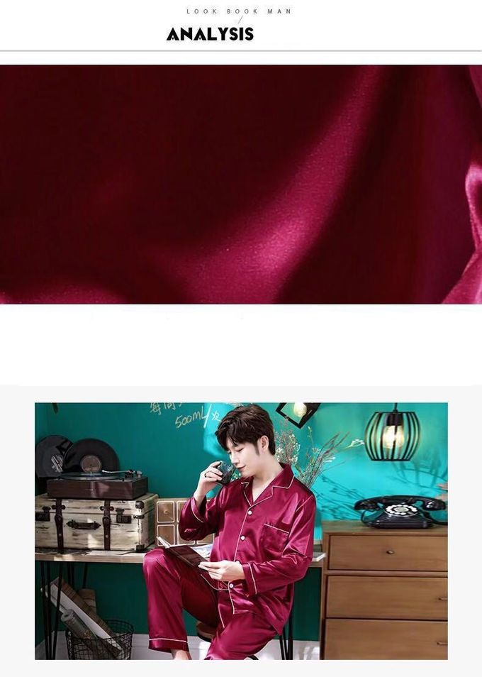 男士冰絲長袖家居服/睡衣套裝-緞面-深藍色