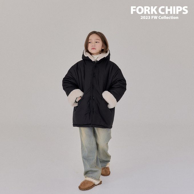 韓國 FORK CHIPS - 冬天保暖鋪棉長版連帽外套-黑
