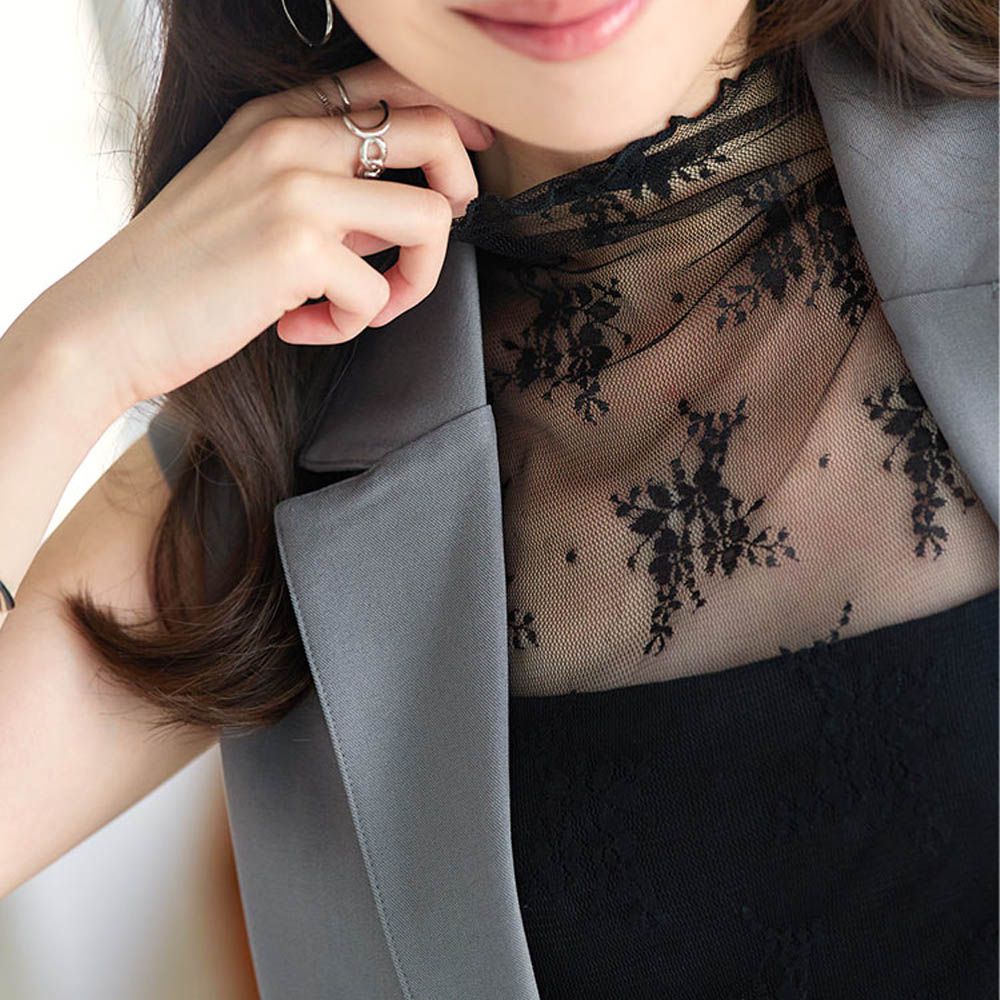 仙氣薄紗穿搭亮麗高領背心-蕾絲花朵-黑