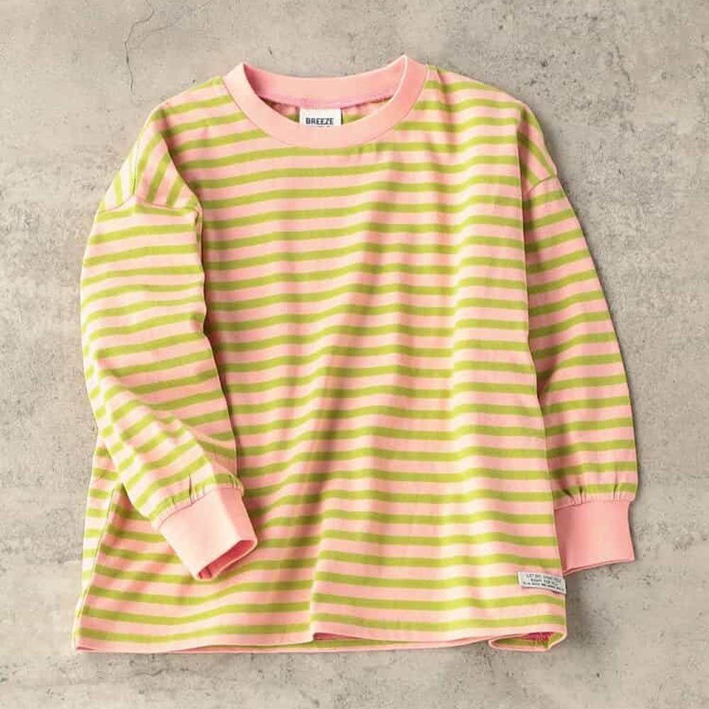 100%棉 定番款搭縮口長袖上衣-條紋-粉紅X草綠