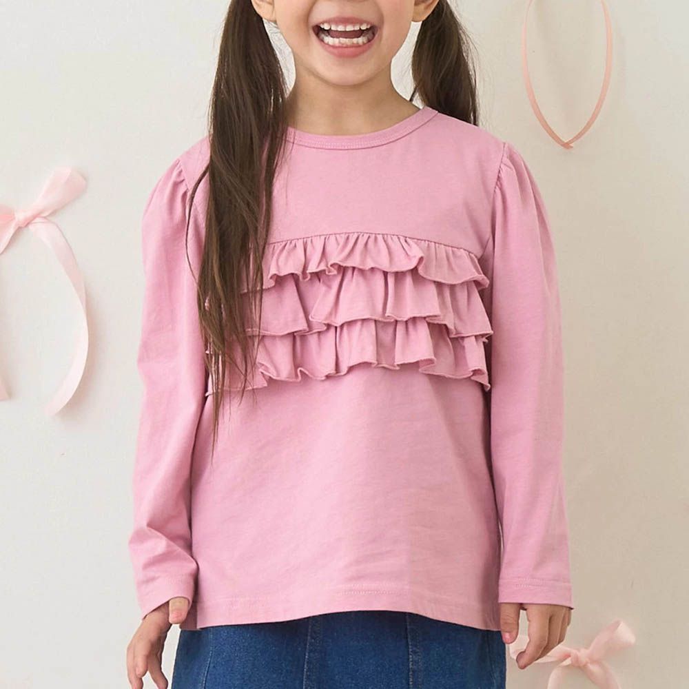 100%棉 前後兩穿荷葉邊長袖上衣-粉紅