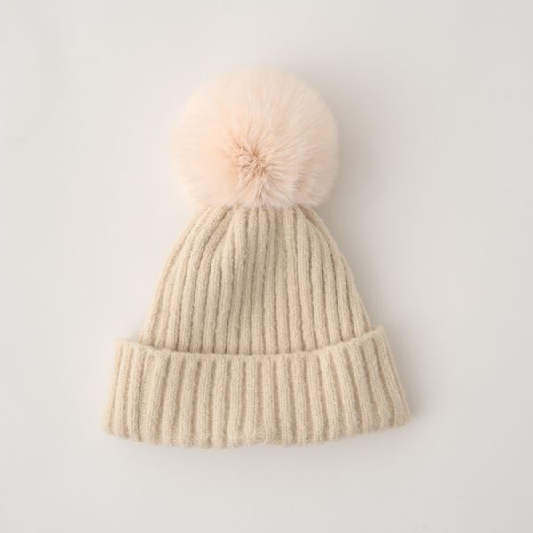 日本 Lycee mine - 可愛大絨球針織毛帽-象牙 (F(50～52cm))