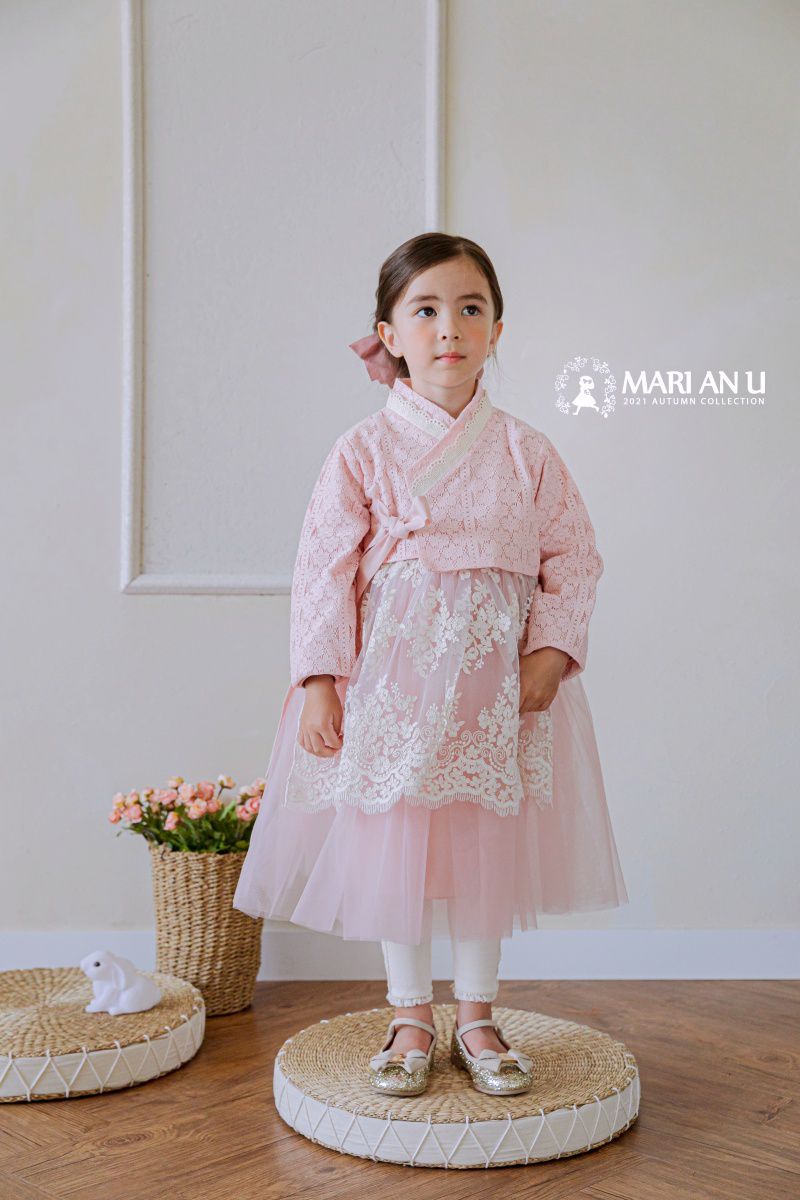 韓國 Mari an u - 透膚蕾絲裝飾網紗韓服-粉紅