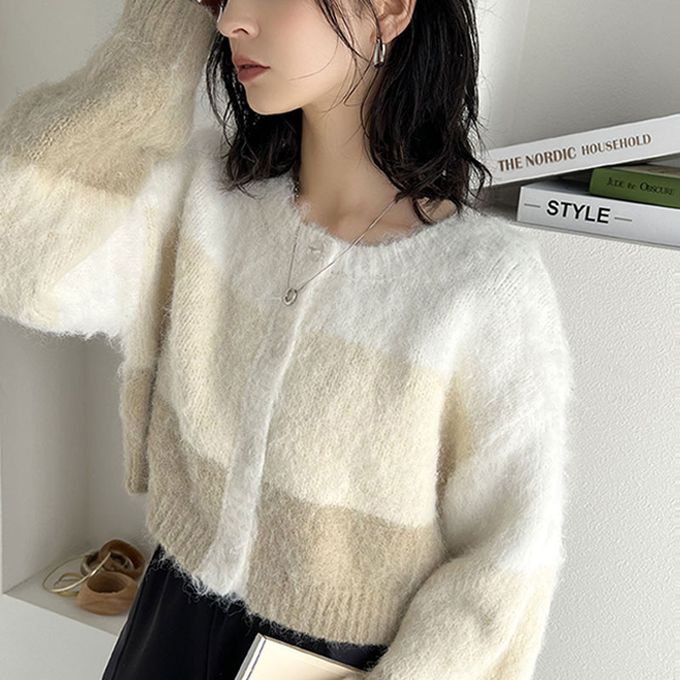 日本 Classical Elf - mily bilet 漸層毛海2way短版開襟衫-米杏色系