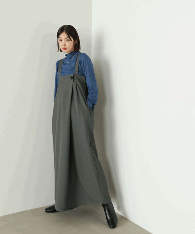 日本 Bab - 斜紋布優雅摺線工裝風吊帶裙-黑