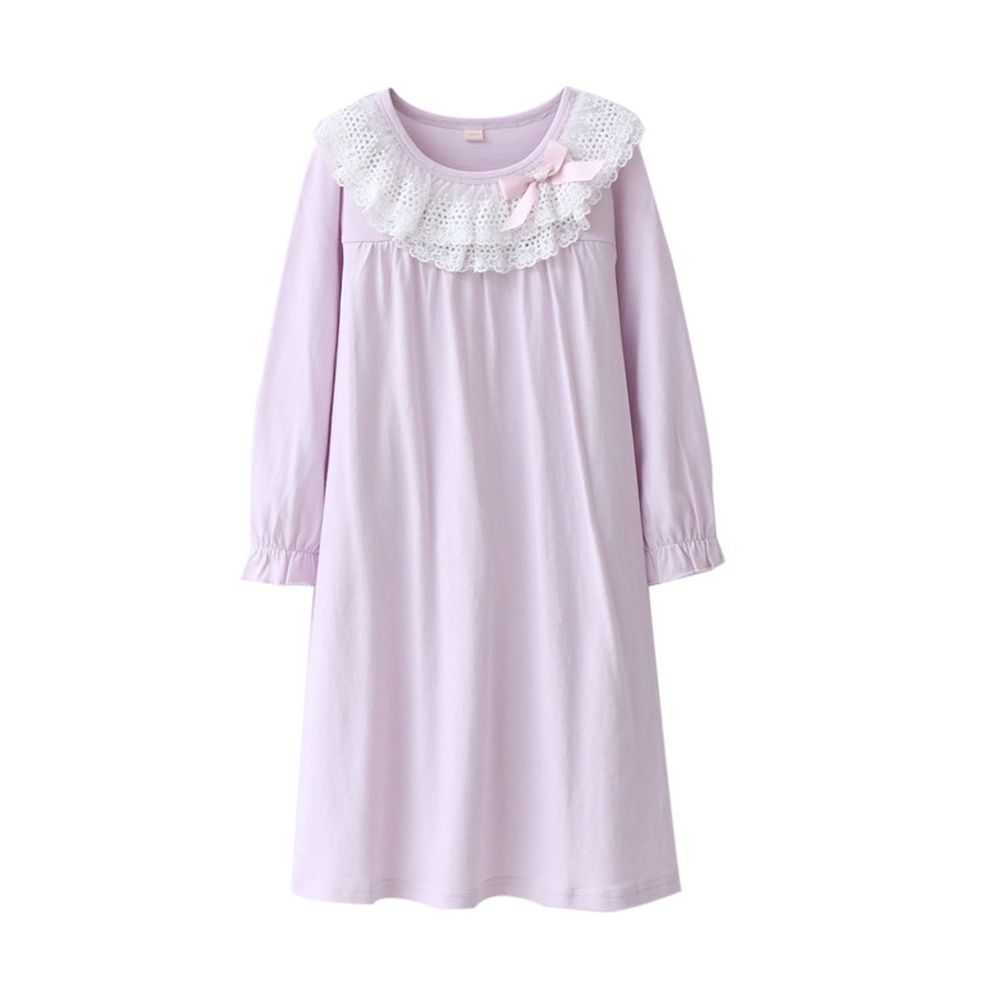 純棉長袖睡裙-公主蕾絲領-紫粉色