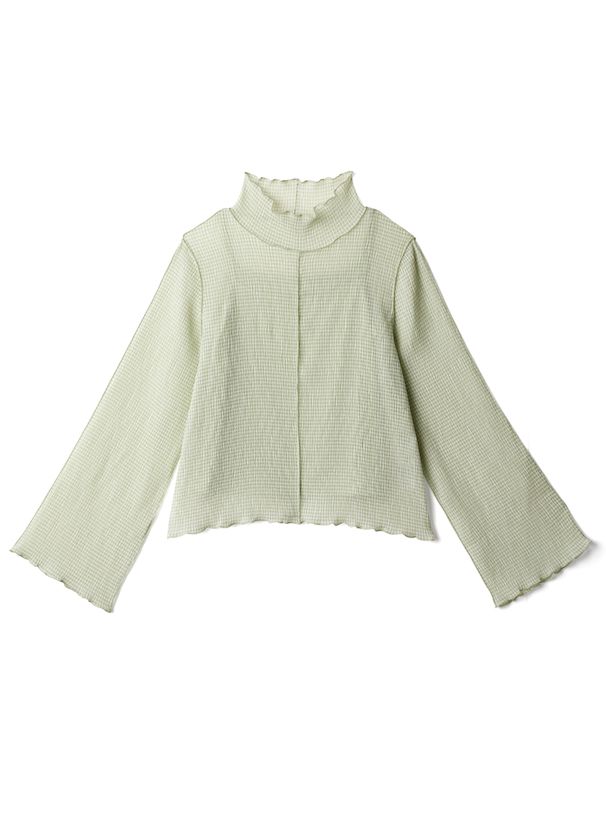 日本 GRL - 木耳領透膚長袖上衣(附內裡)-細格紋-時尚黑