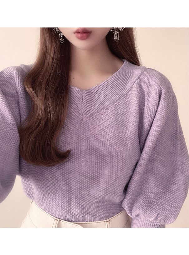 日本 GRL - 百搭V領泡泡袖針織上衣-奶油杏