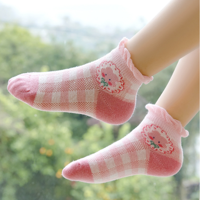 love, charlotte - 泡泡花邊兔兔草莓小花網眼短筒棉襪-5 雙一組