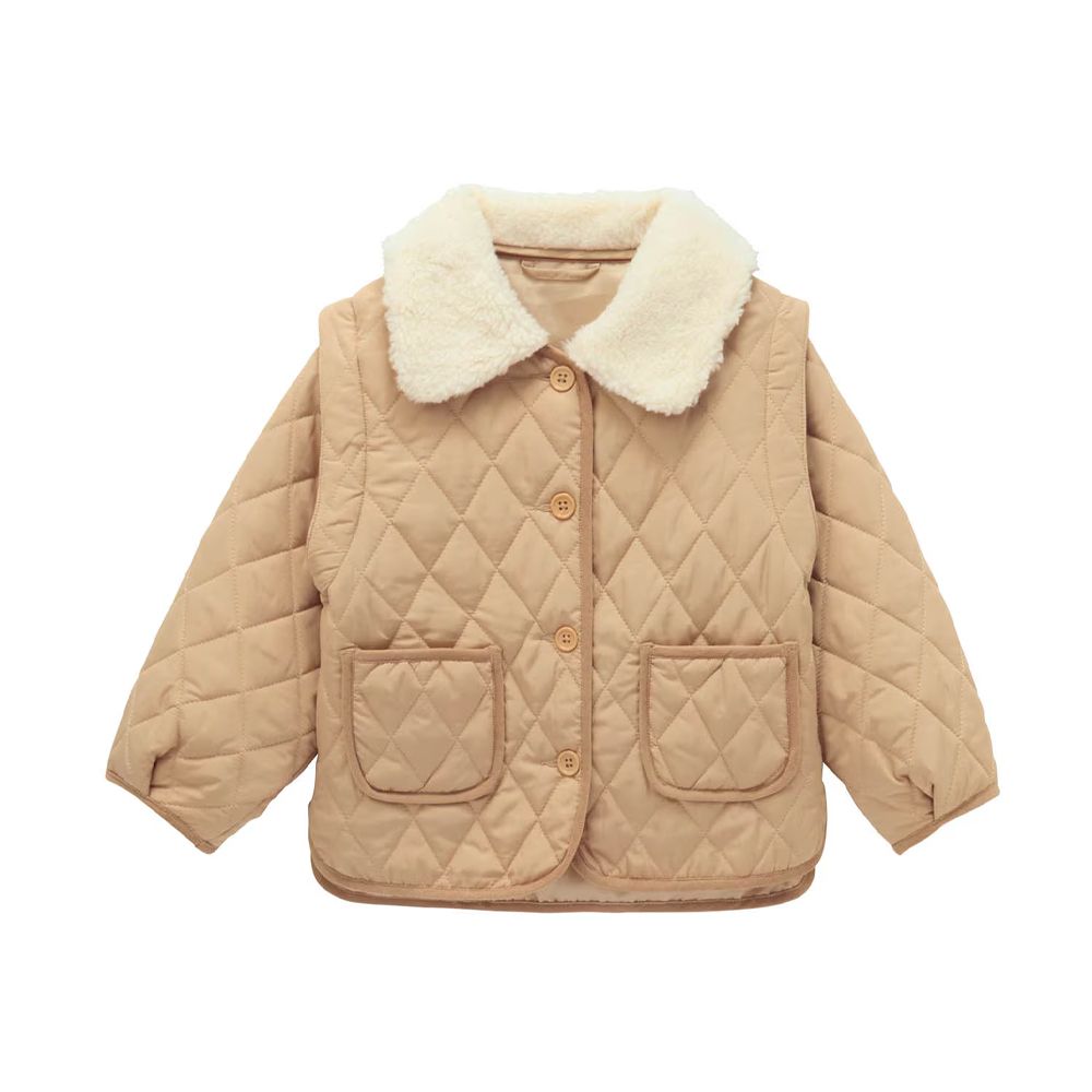 GITA 2WAY毛絨領絎縫保暖外套-(袖可拆)-鬆餅褐