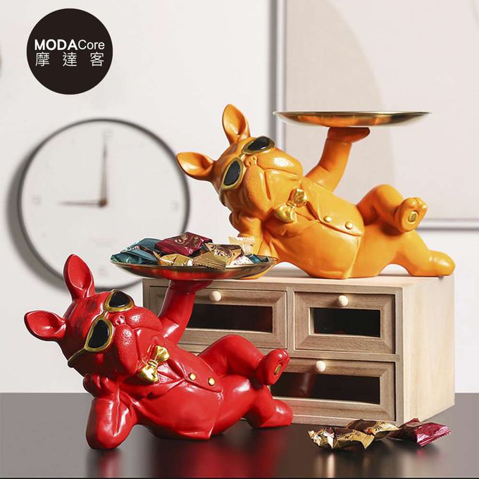 MODACore 摩達客 - 摩達客◉春節開運招財◉帥氣墨鏡狗鬥牛犬頂托盤擺飾-紅色款-聚寶盆糖果收納