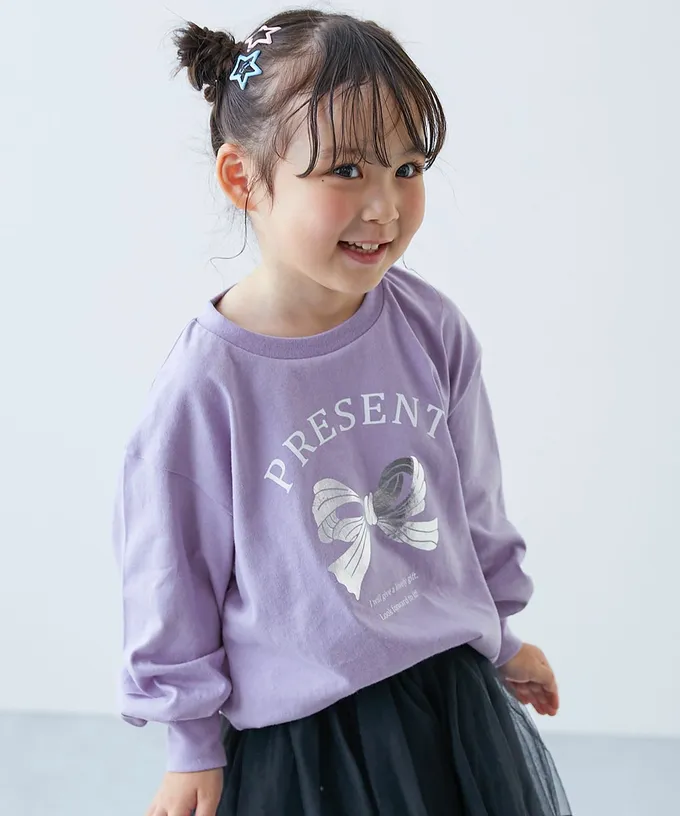 日本 devirock - 100%棉 閃亮金屬印花長袖上衣-愛心-灰綠