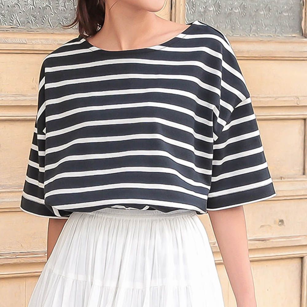 100%棉船領優雅條紋短袖上衣-黑x白線條