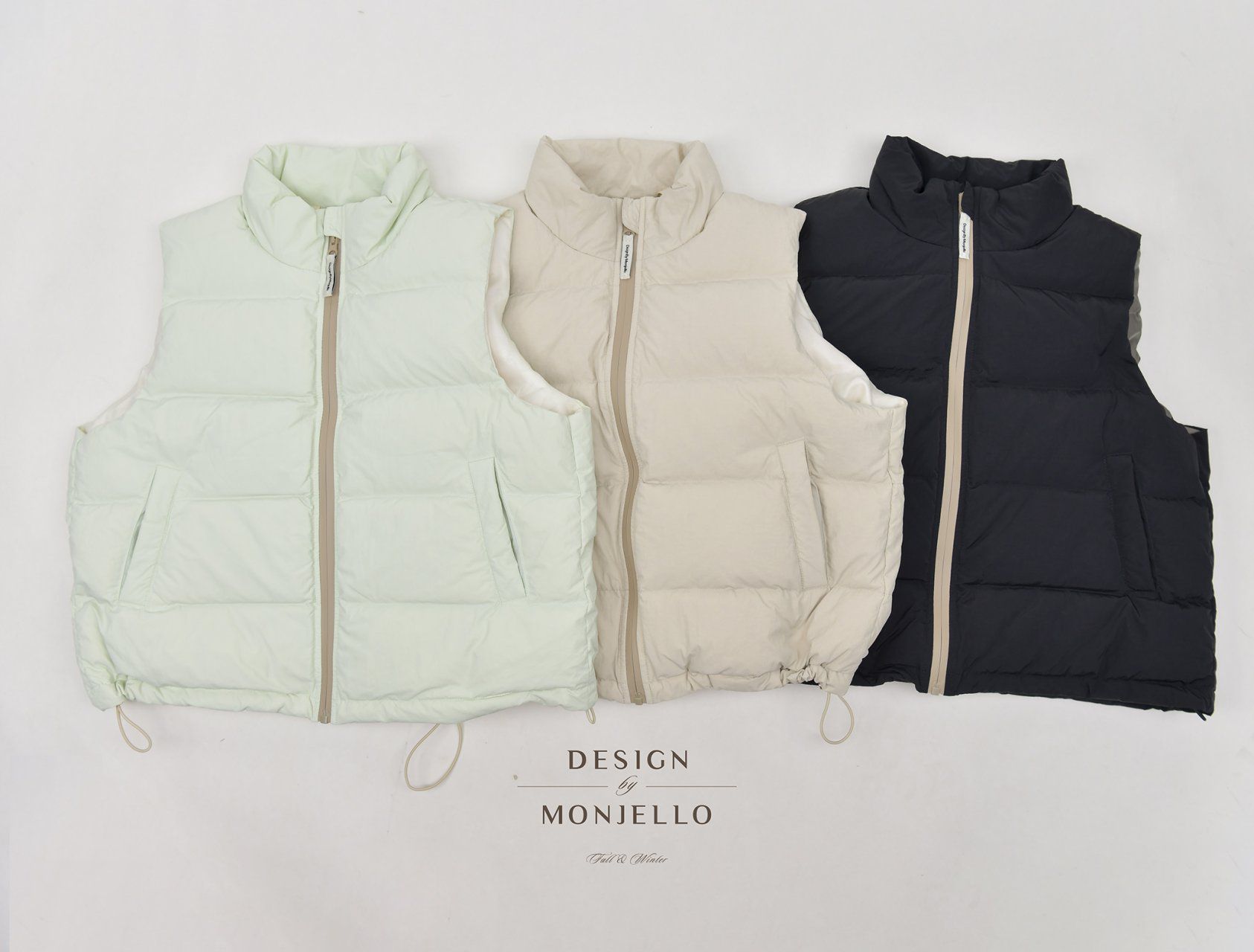 韓國 MONJELLO - (100%鴨絨)防潑水立領羽絨背心-淺卡其