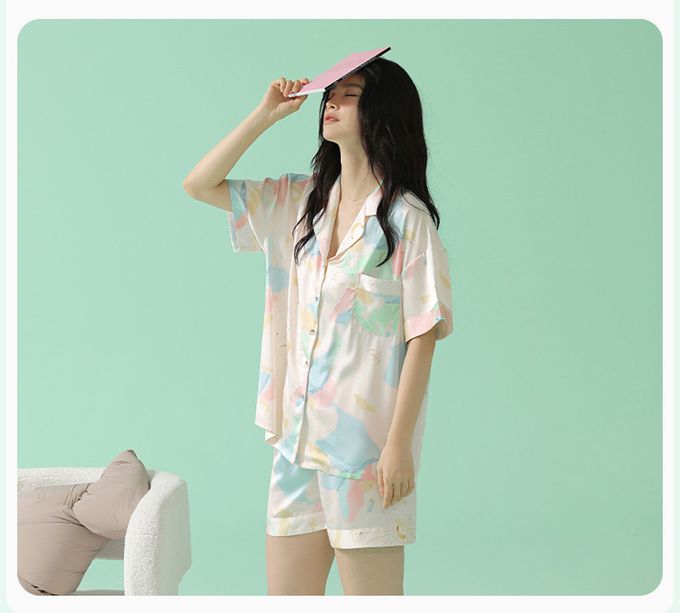 日月水彩色塊涼感冰雪絲開襟套裝居家服