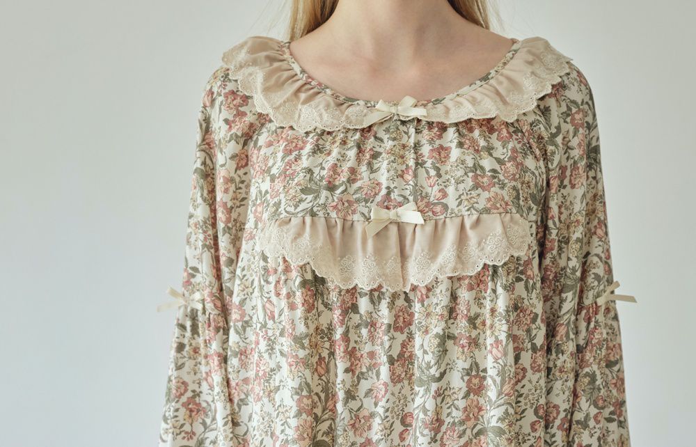 韓國 ULLALA - 絕美公主純棉長袖睡衣-(洋裝式)-奶油色 (FREE)